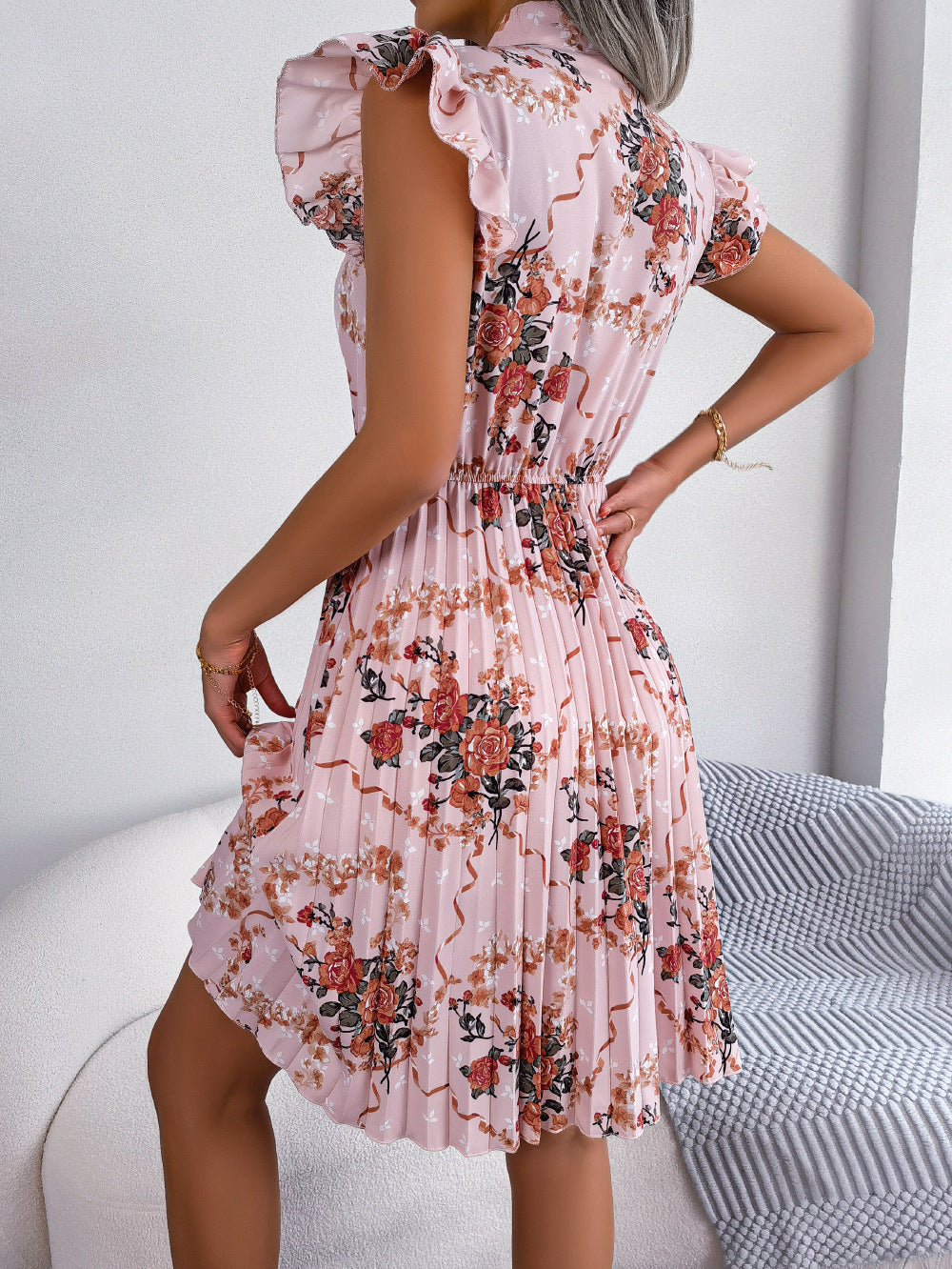 Pleated Floral Printed Tie Neck Knee Length Dress - All Dresses - Dresses - 9 - 2024