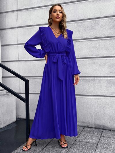 Pleated Surplice Tie Waist Maxi Dress - Cobald Blue / S - All Dresses - Dresses - 19 - 2024
