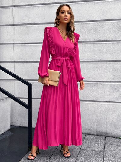 Pleated Surplice Tie Waist Maxi Dress - Hot Pink / S - All Dresses - Dresses - 25 - 2024