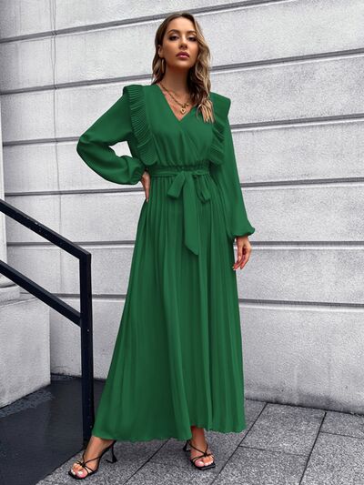 Pleated Surplice Tie Waist Maxi Dress - Green / S - All Dresses - Dresses - 1 - 2024