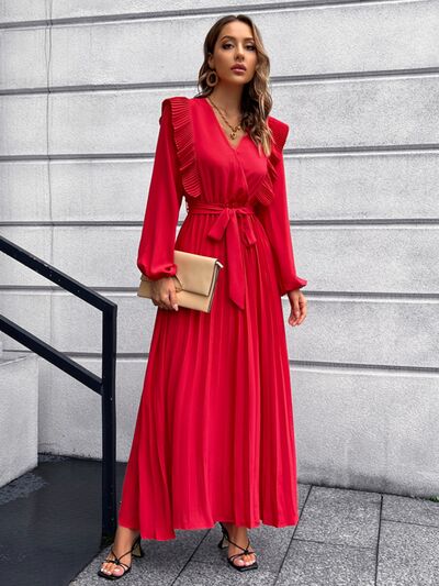 Pleated Surplice Tie Waist Maxi Dress - Deep Red / S - All Dresses - Dresses - 13 - 2024