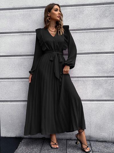 Pleated Surplice Tie Waist Maxi Dress - Black / S - All Dresses - Dresses - 7 - 2024