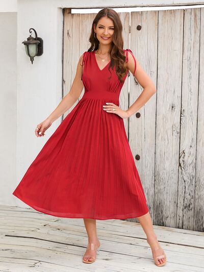 Pleated V-Neck Sleeveless Midi Dress - Deep Red / S - All Dresses - Dresses - 22 - 2024
