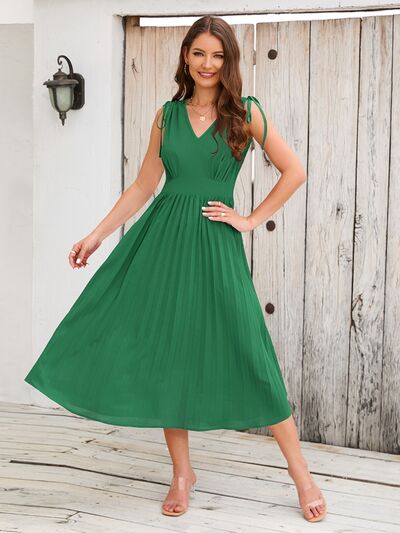 Pleated V-Neck Sleeveless Midi Dress - Green / S - All Dresses - Dresses - 1 - 2024