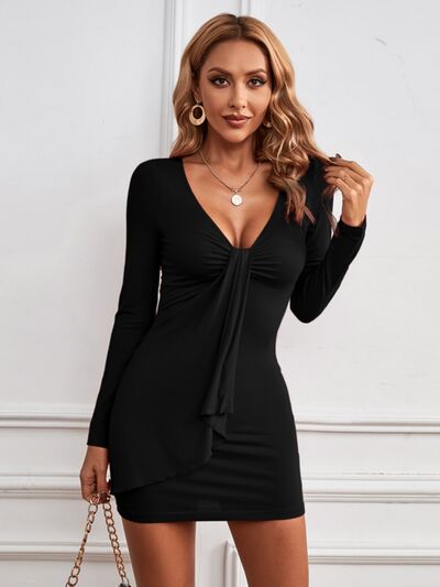 Plunge Long Sleeve Mini Dress - Black / S - All Dresses - Dresses - 5 - 2024
