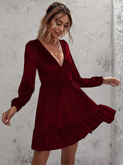 Plunge Long Sleeve Ruffle Hem Dress - Brick Red / S - All Dresses - Dresses - 5 - 2024