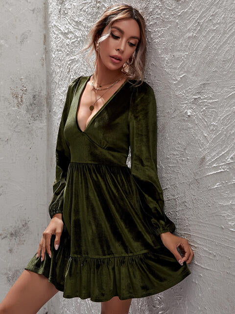 Plunge Long Sleeve Ruffle Hem Dress - All Dresses - Dresses - 4 - 2024