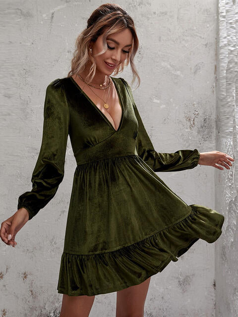 Plunge Long Sleeve Ruffle Hem Dress - Green / S - All Dresses - Dresses - 1 - 2024