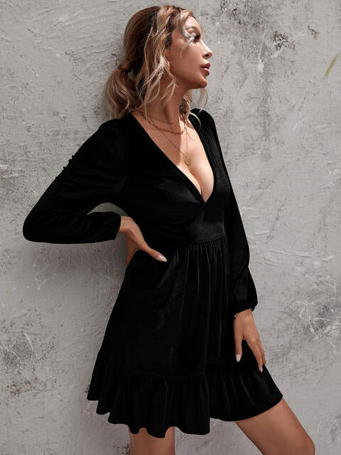 Plunge Long Sleeve Ruffle Hem Dress - Black / S - All Dresses - Dresses - 9 - 2024