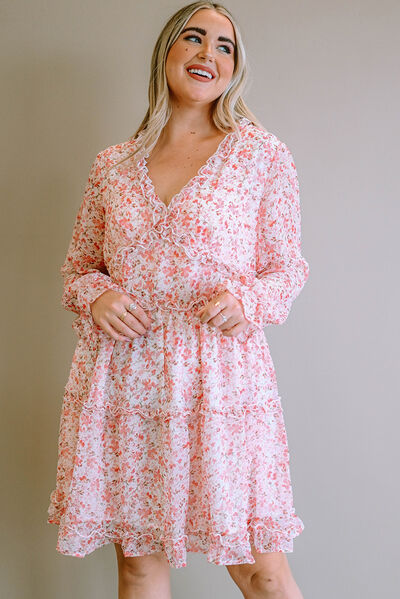 Plus Size Floral V-Neck Frill Long Sleeve Dress - Blush Pink / 1X - All Dresses - Dresses - 1 - 2024