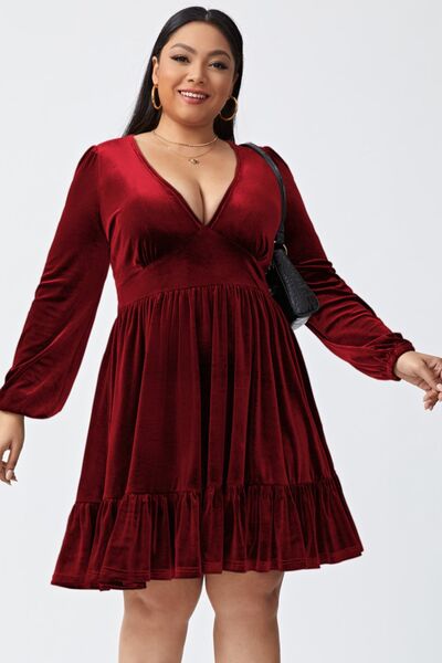 Plus Size Plunge Long Sleeve Mini Dress - Wine / 1XL - All Dresses - Dresses - 1 - 2024