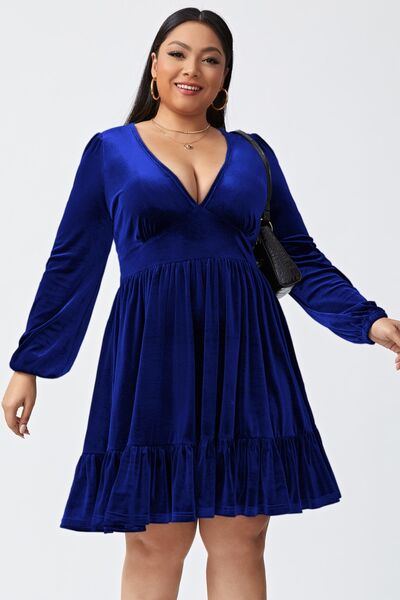 Plus Size Plunge Long Sleeve Mini Dress - Blue / 1XL - All Dresses - Dresses - 10 - 2024
