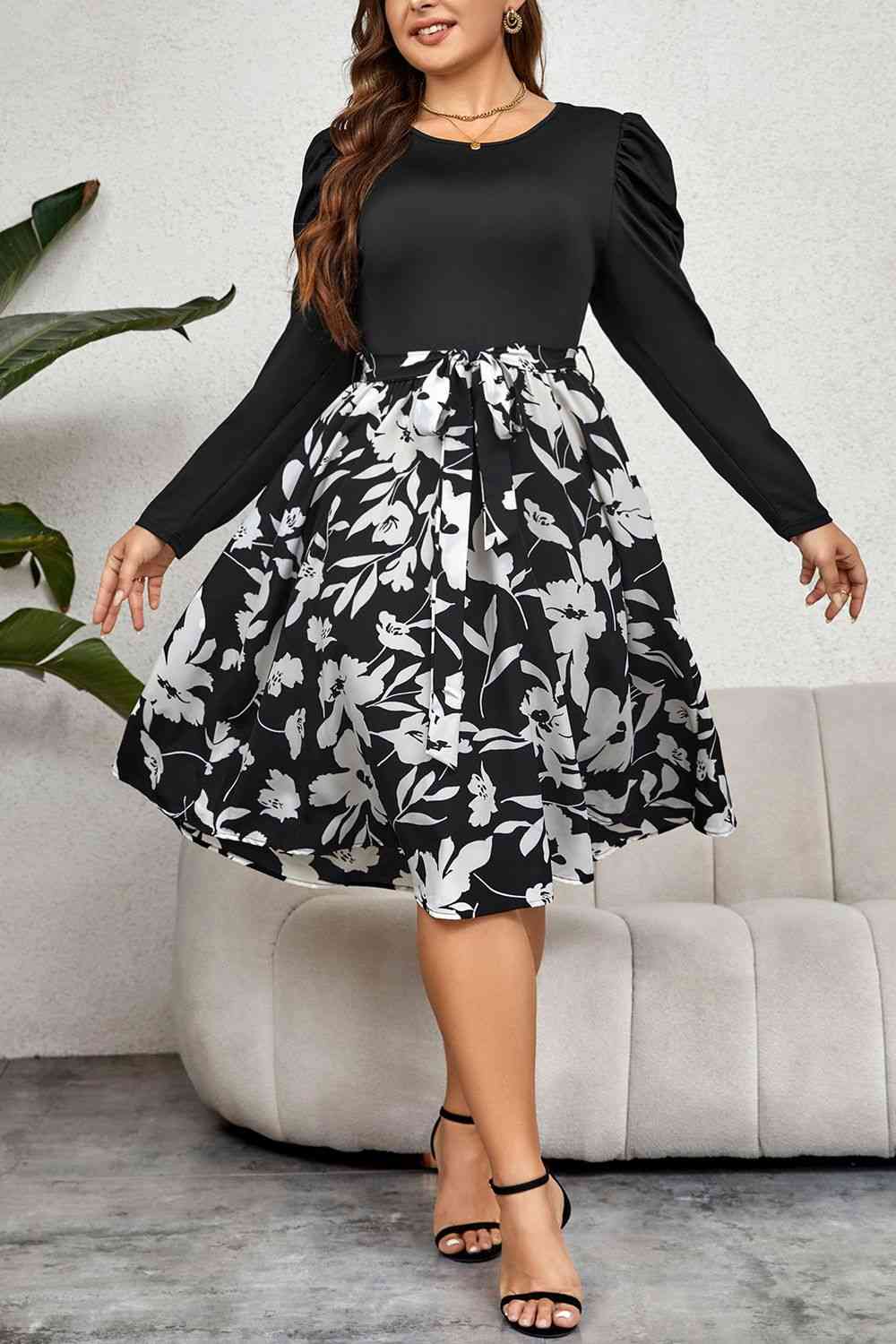 Plus Size Round Neck Puff Sleeve Printed Dress - All Dresses - Dresses - 4 - 2024