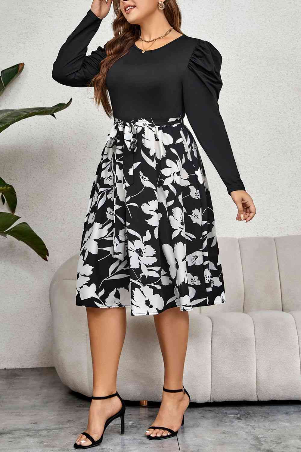 Plus Size Round Neck Puff Sleeve Printed Dress - All Dresses - Dresses - 5 - 2024