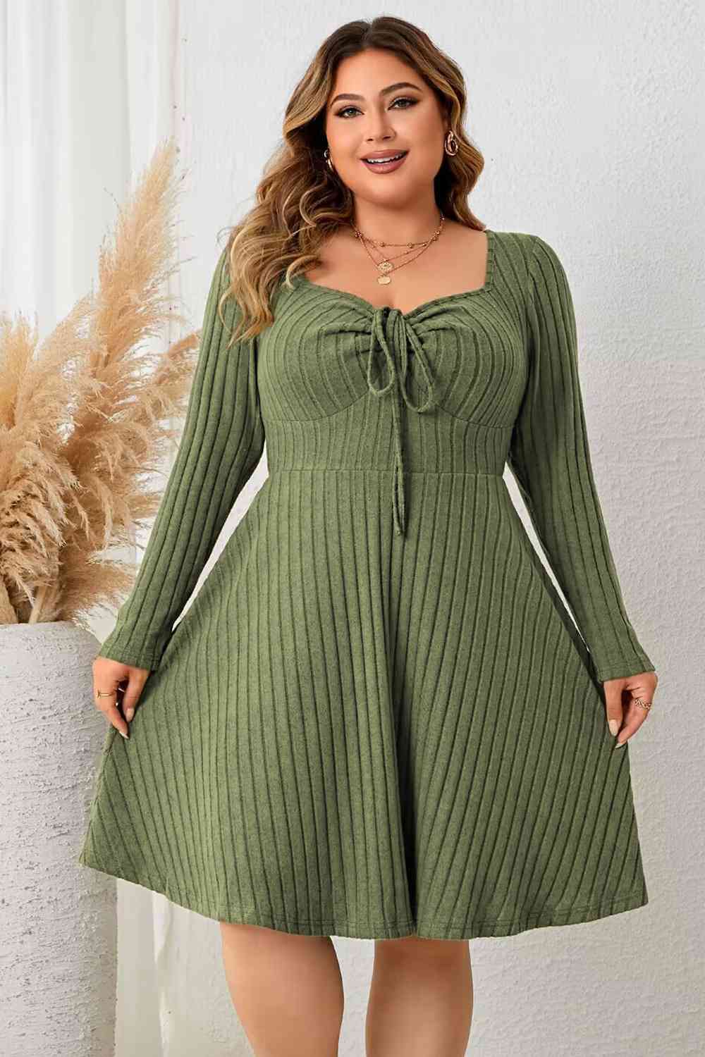 Plus Size Sweetheart Neck Long Sleeve Ribbed Dress - Matcha Green / 1XL - All Dresses - Dresses - 1 - 2024