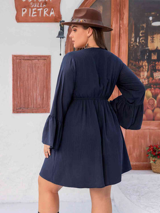 Plus Size Tie Front V-Neck Flare Sleeve Dress - All Dresses - Dresses - 2 - 2024