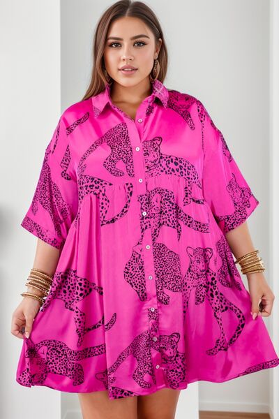 Plus Size Tiger Printed Button Up Half Sleeve Dress - All Dresses - Dresses - 2 - 2024