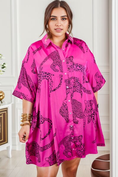 Plus Size Tiger Printed Button Up Half Sleeve Dress - Hot Pink / 1X - All Dresses - Dresses - 1 - 2024