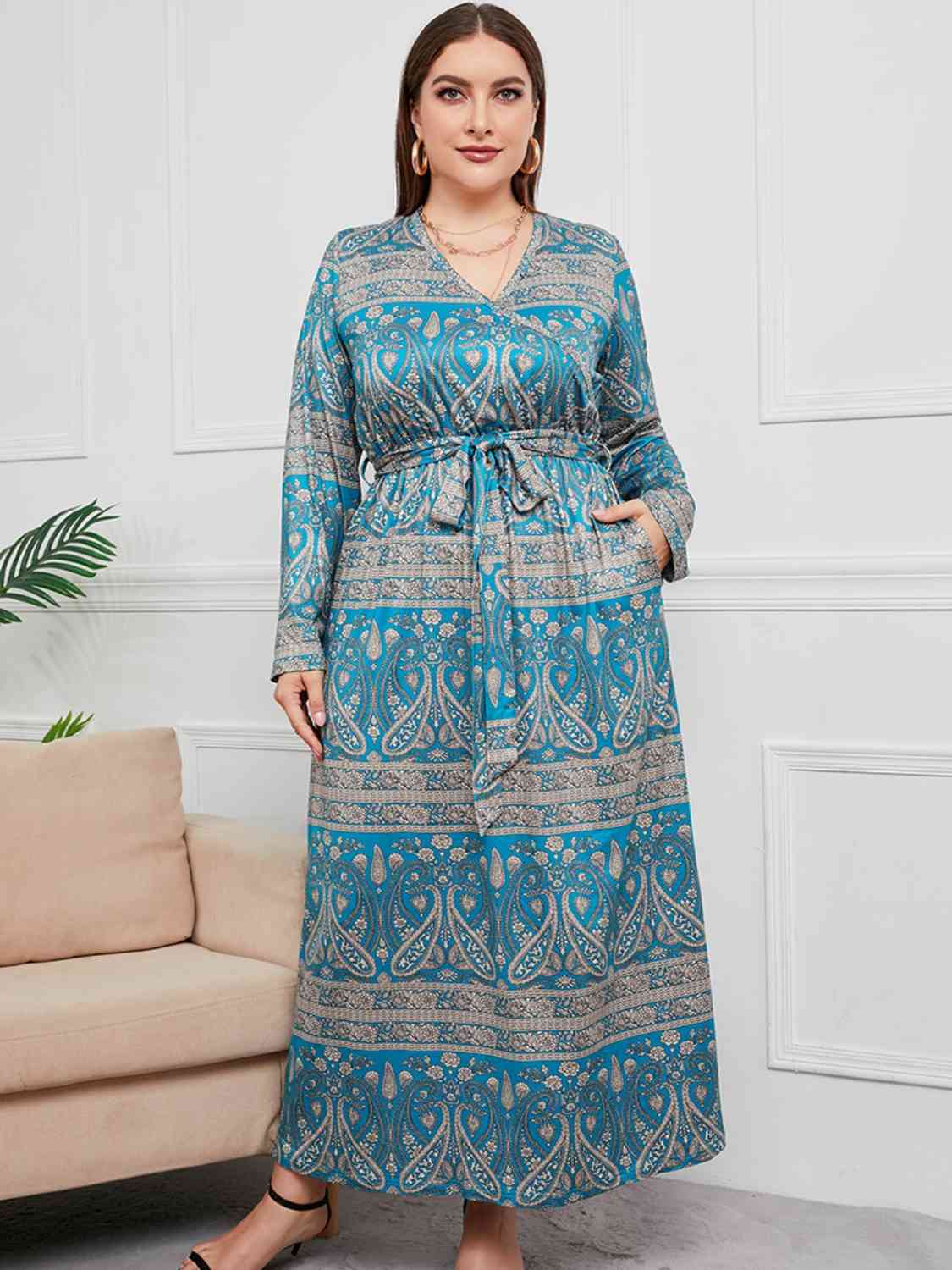 Plus Size V-Neck Tied Maxi Dress with Pocket - Peacock Blue / 1XL - All Dresses - Dresses - 1 - 2024