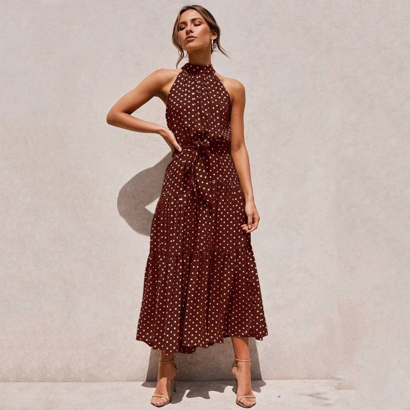Polka Dot Halter Dress - Brown / XL - All Dresses - Clothing - 59 - 2024