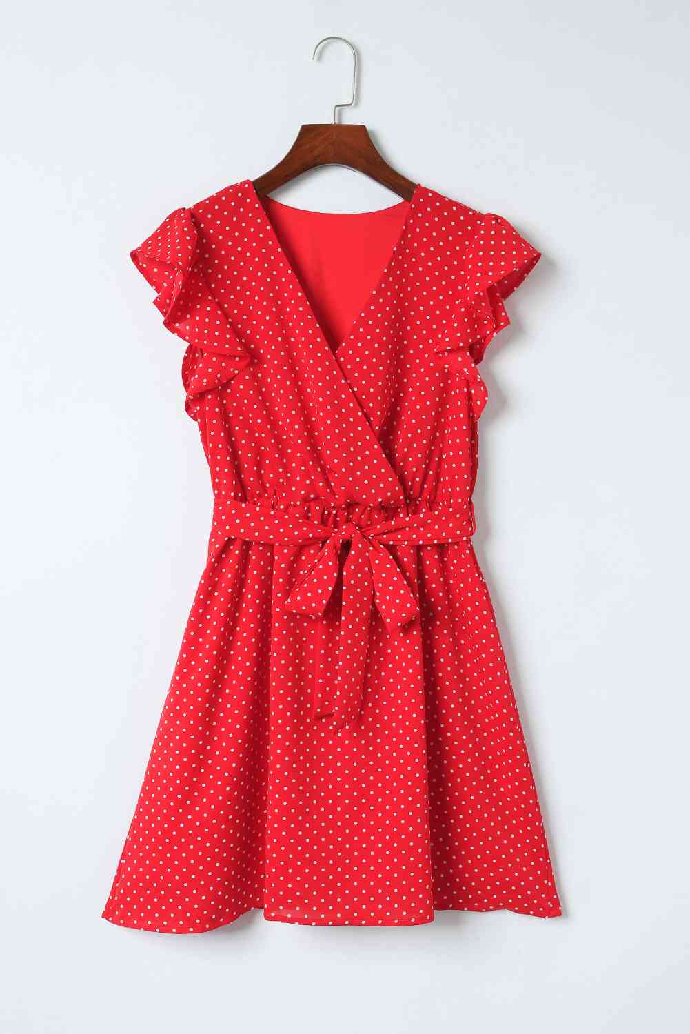 Polka Dot Surplice Neck Tie Waist Dress - Red / S - All Dresses - Dresses - 1 - 2024