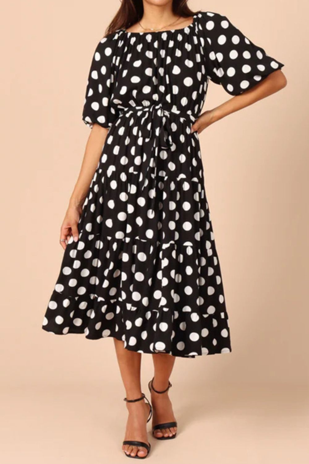 Polka Dot Tie Waist Midi Dress - Black / S - All Dresses - Dresses - 1 - 2024