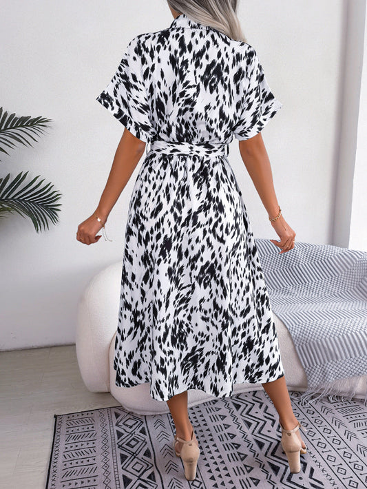 Printed Collared Neck Short Sleeve Tie Waist Dress - All Dresses - Dresses - 2 - 2024