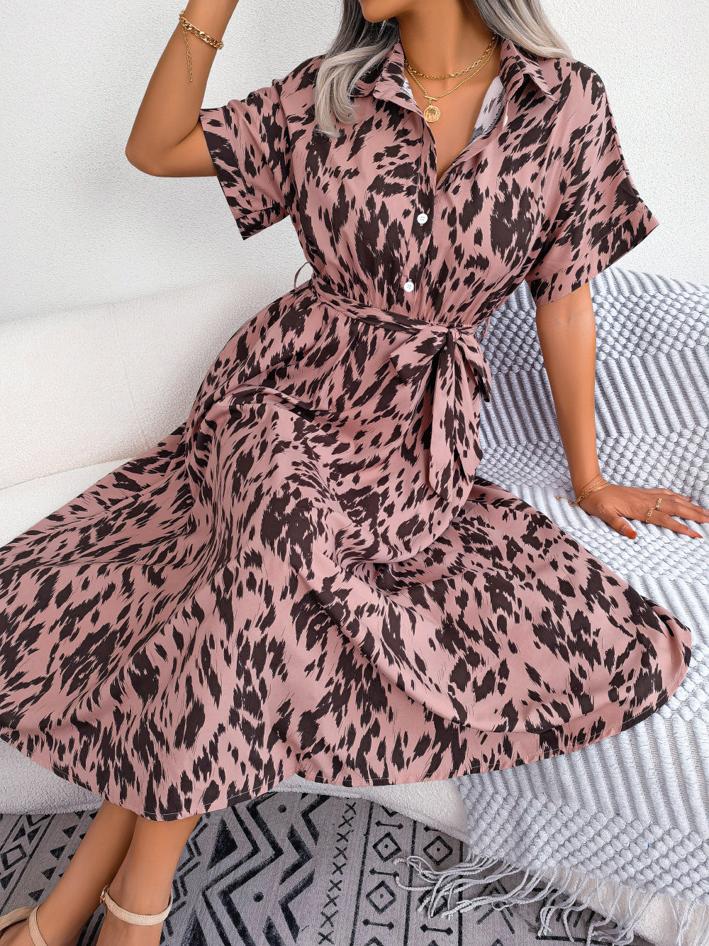 Printed Collared Neck Short Sleeve Tie Waist Dress - Pink / S - All Dresses - Dresses - 5 - 2024