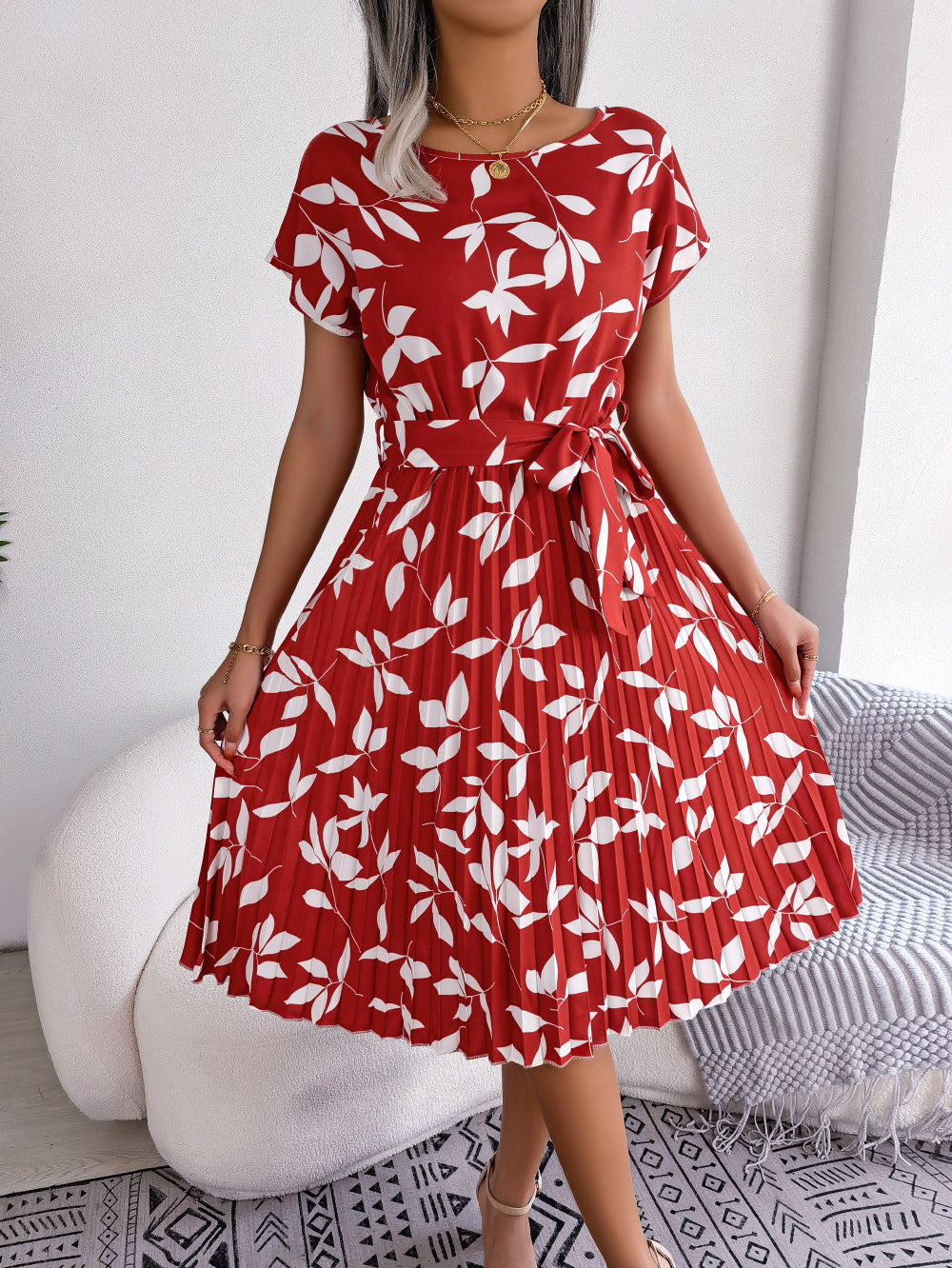 Printed Round Neck Short Sleeve Pleated Dress - Red / S - All Dresses - Shirts & Tops - 1 - 2024