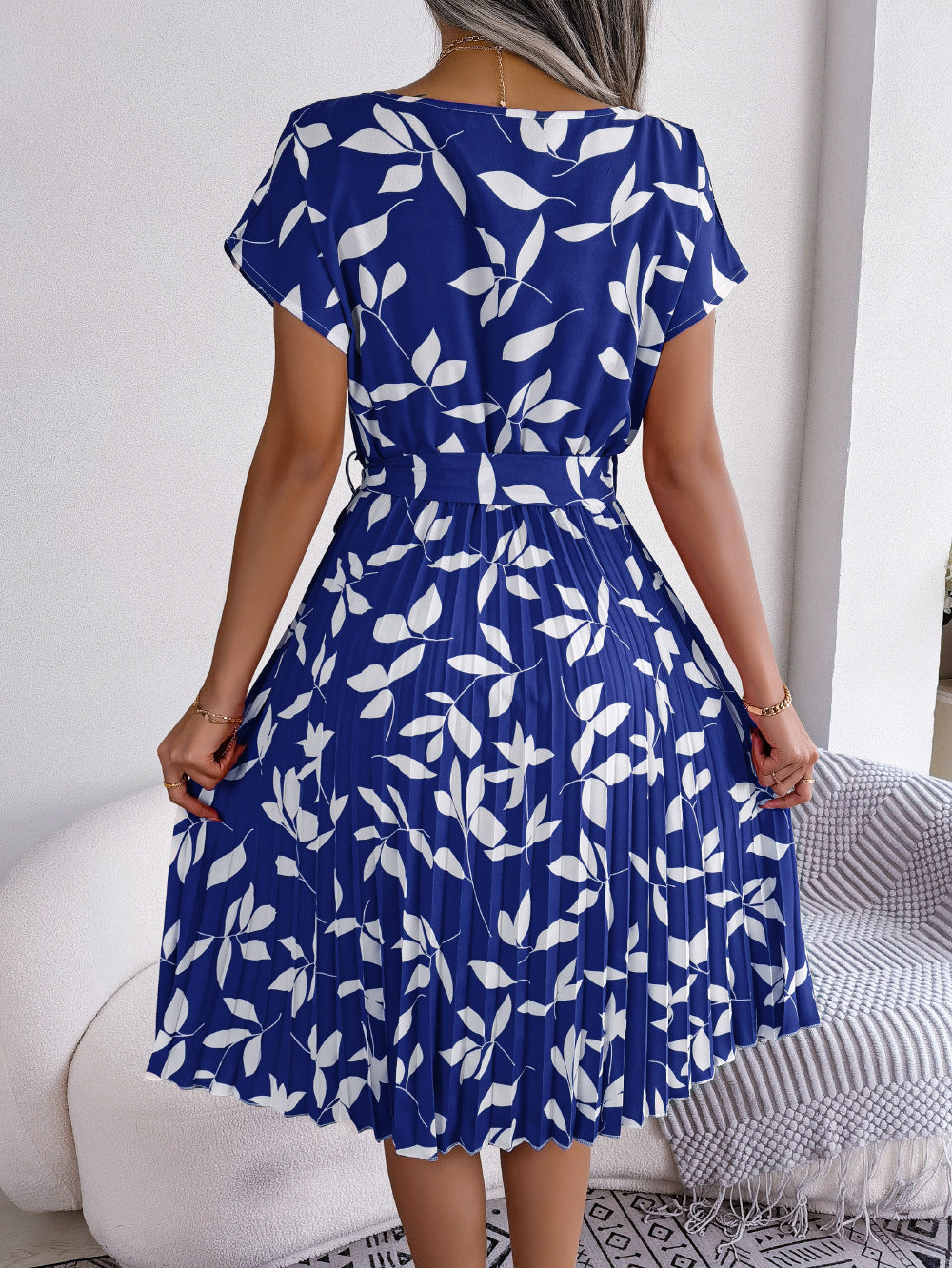 Printed Round Neck Short Sleeve Pleated Dress - All Dresses - Shirts & Tops - 6 - 2024
