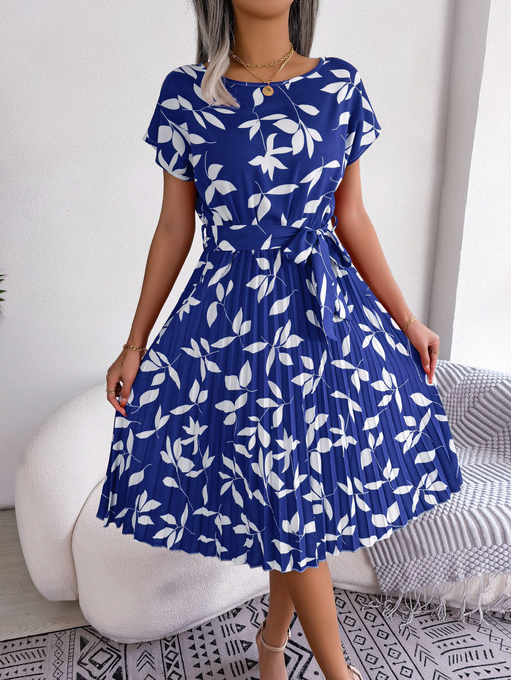 Printed Round Neck Short Sleeve Pleated Dress - Dark Blue / S - All Dresses - Shirts & Tops - 4 - 2024