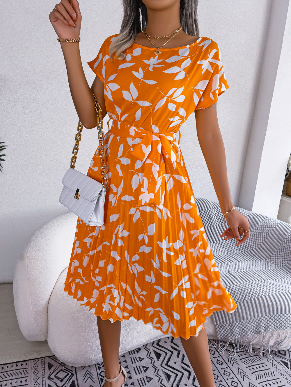 Printed Round Neck Short Sleeve Pleated Dress - All Dresses - Shirts & Tops - 8 - 2024