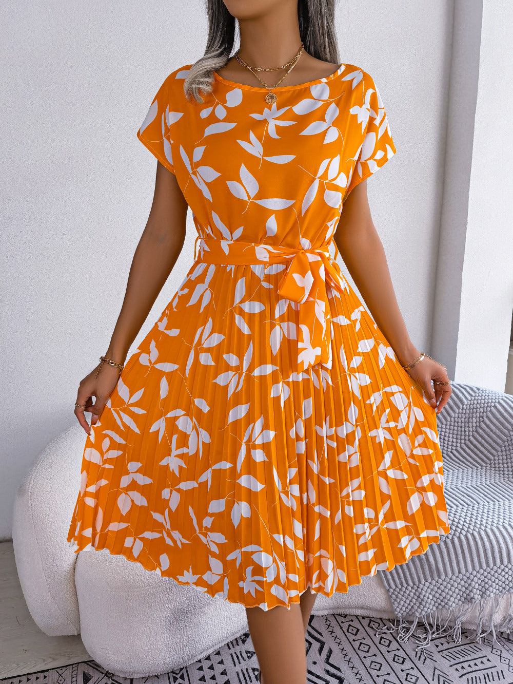 Printed Round Neck Short Sleeve Pleated Dress - Orange / S - All Dresses - Shirts & Tops - 7 - 2024