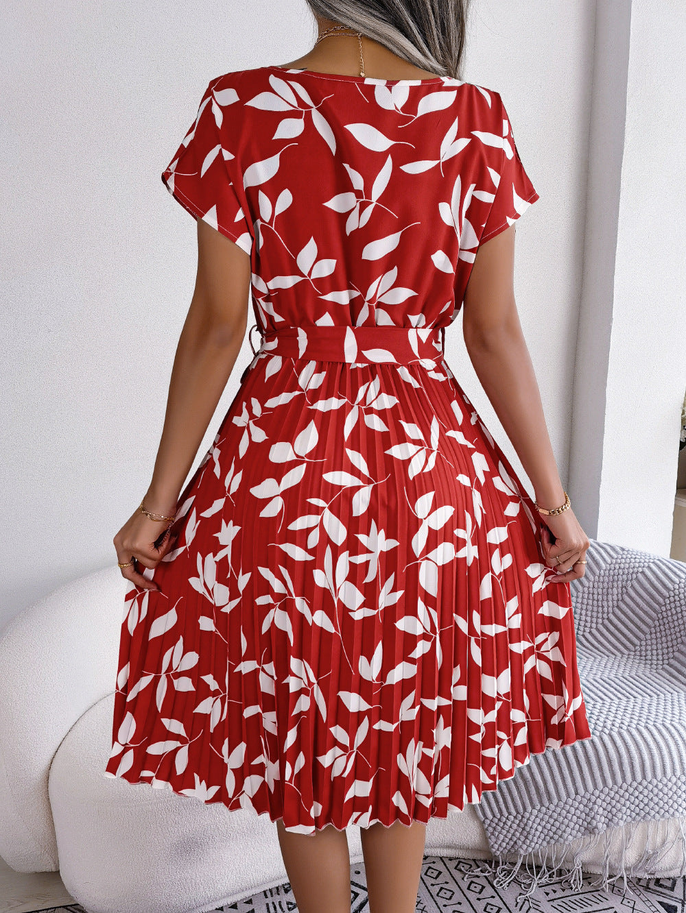 Printed Round Neck Short Sleeve Pleated Dress - All Dresses - Shirts & Tops - 2 - 2024