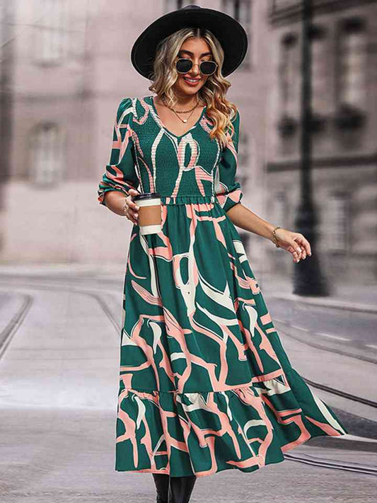 Printed Smocked V-Neck Three-Quarter Sleeve Midi Dress - Mid Green / S - All Dresses - Dresses - 1 - 2024