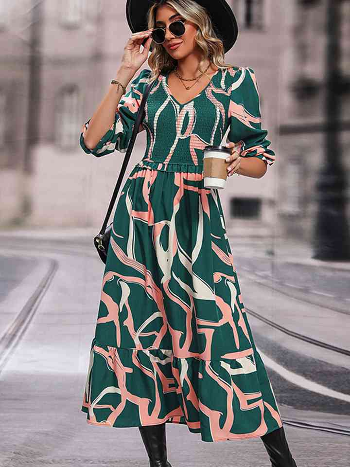 Printed Smocked V-Neck Three-Quarter Sleeve Midi Dress - All Dresses - Dresses - 3 - 2024