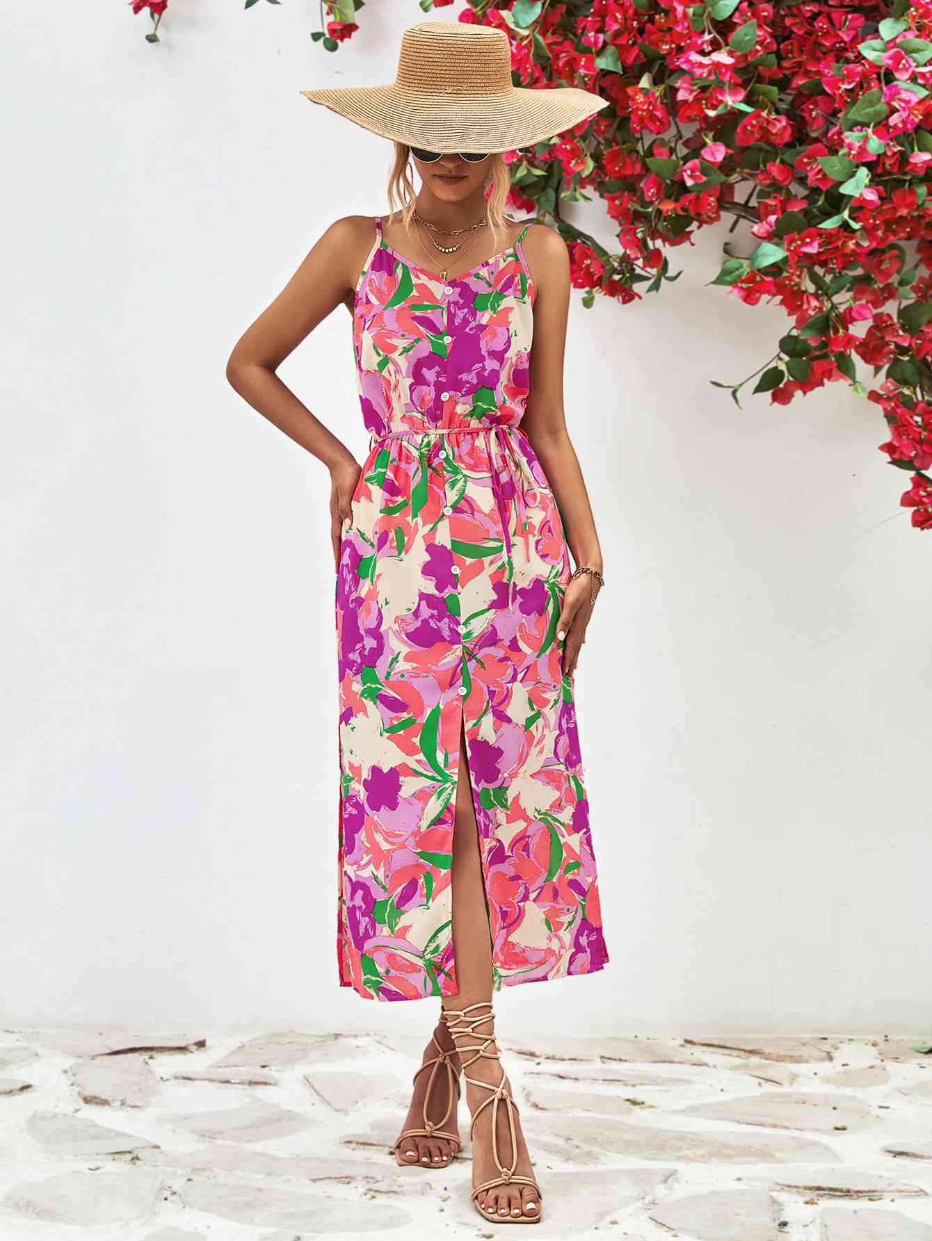 Printed Spaghetti Strap Front Slit Dress - Heliotrope Purple / S - All Dresses - Dresses - 1 - 2024