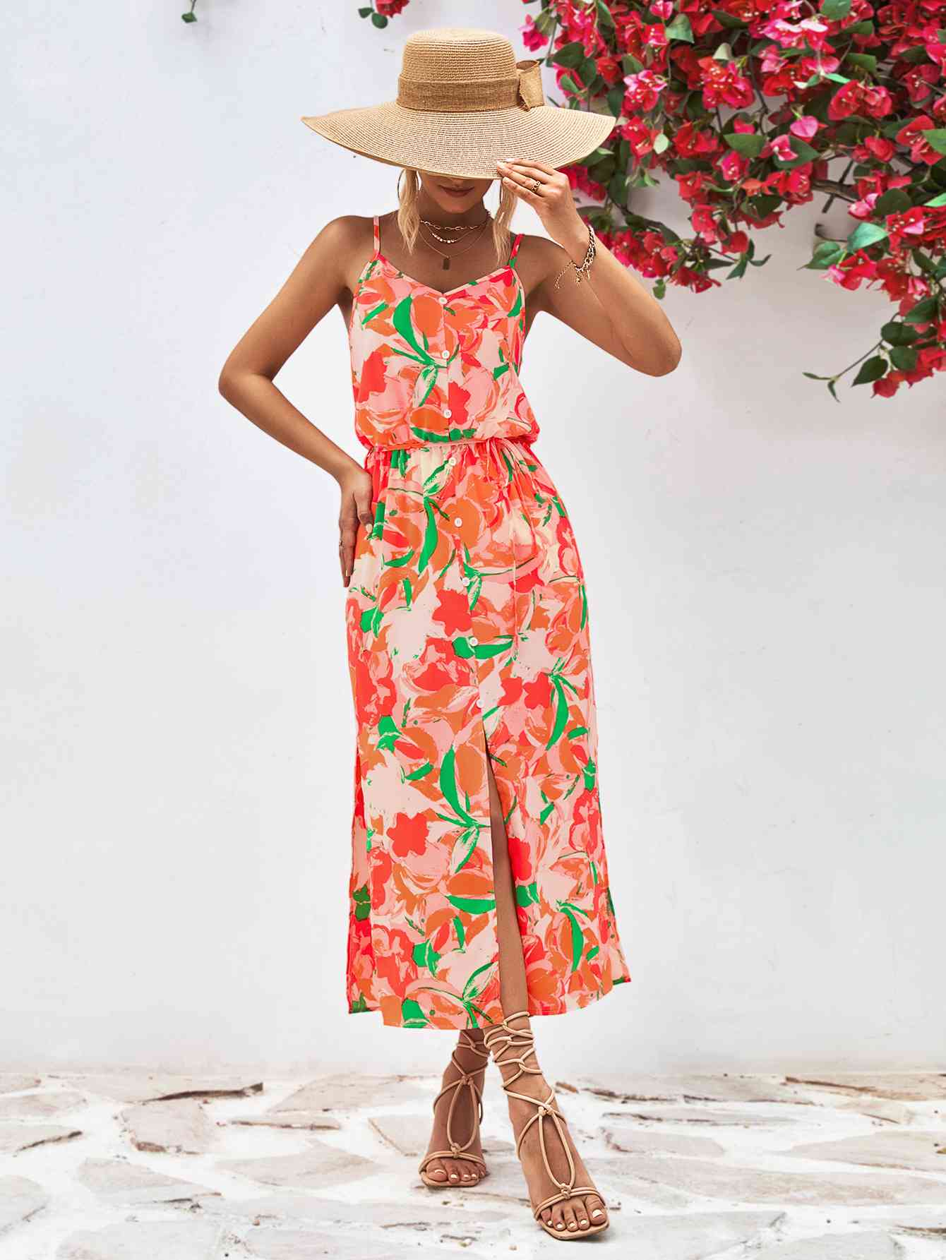 Printed Spaghetti Strap Front Slit Dress - All Dresses - Dresses - 11 - 2024