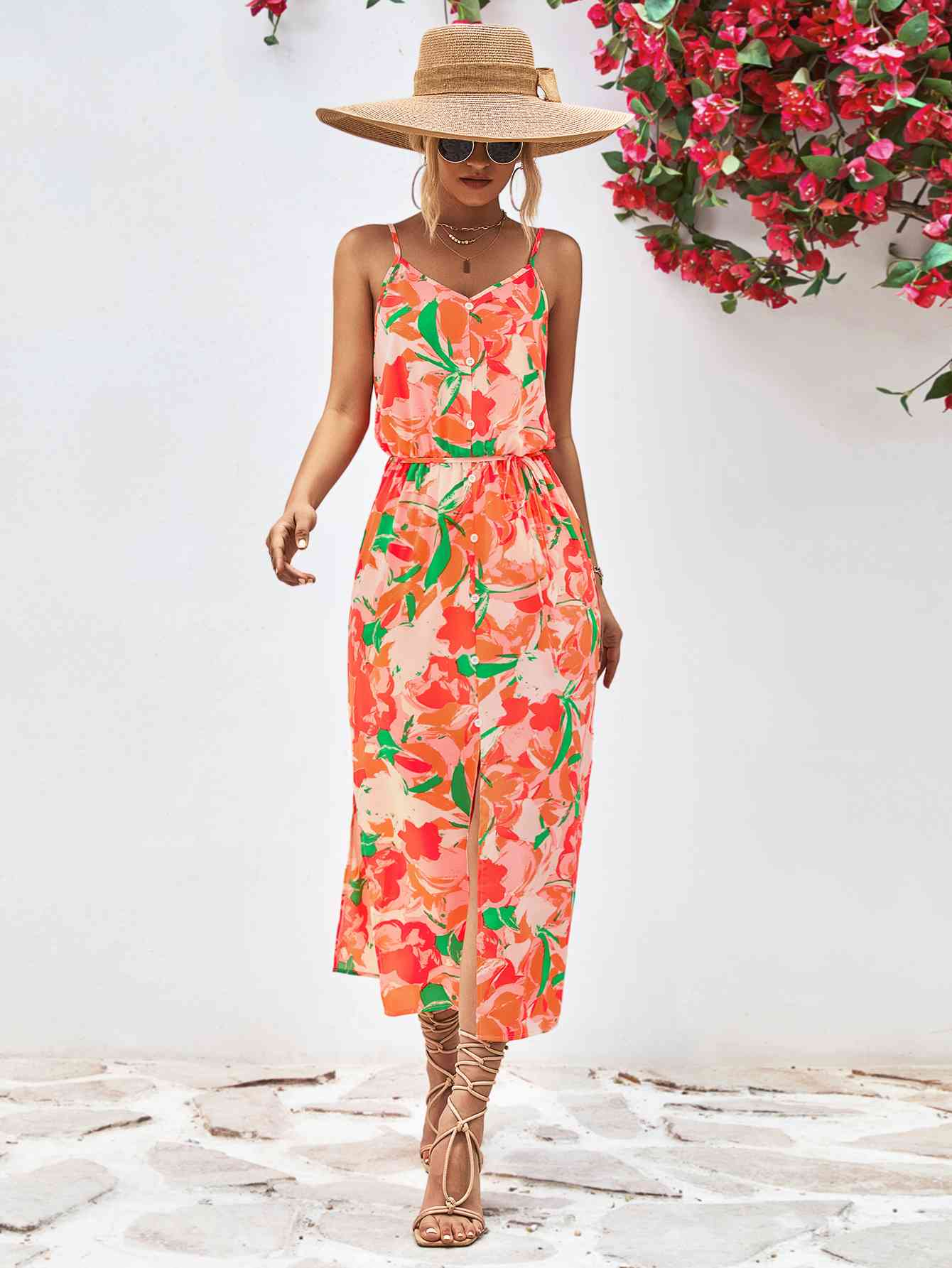 Printed Spaghetti Strap Front Slit Dress - Orange / S - All Dresses - Dresses - 7 - 2024