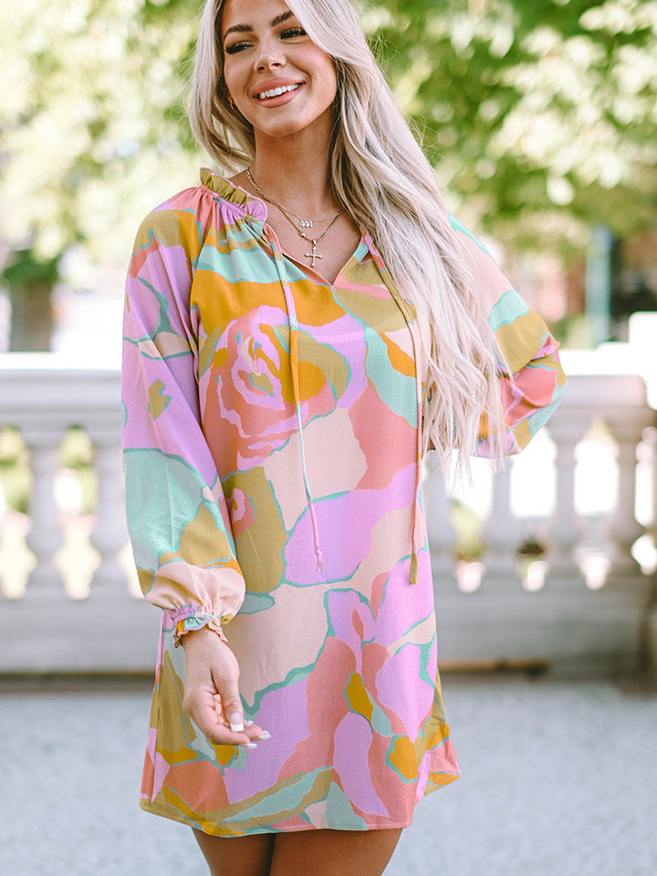 Printed Tie Neck Long Sleeve Dress - Multicolor / S - All Dresses - Dresses - 1 - 2024