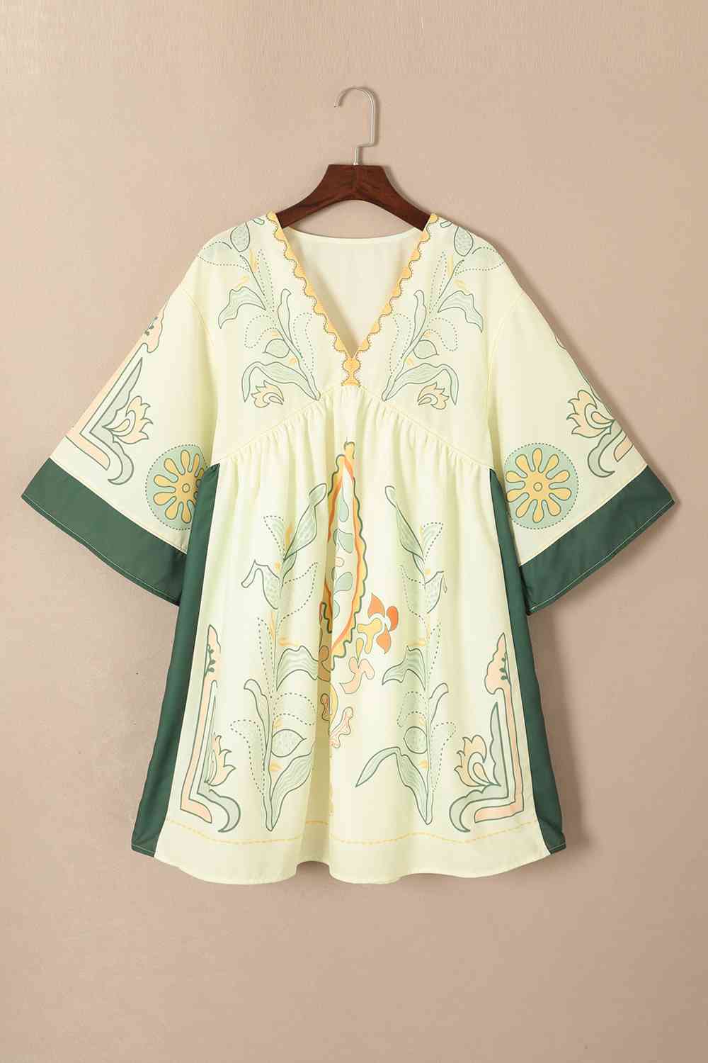 Printed V-Neck Kimono Sleeve Dress - Pastel Yellow / S - All Dresses - Dresses - 1 - 2024
