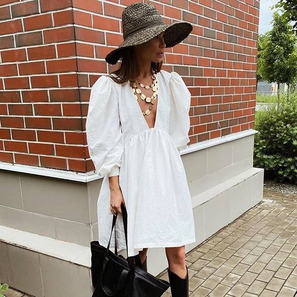 Puff Sleeve Mini Dress - White / M - All Dresses - Shirts & Tops - 13 - 2024