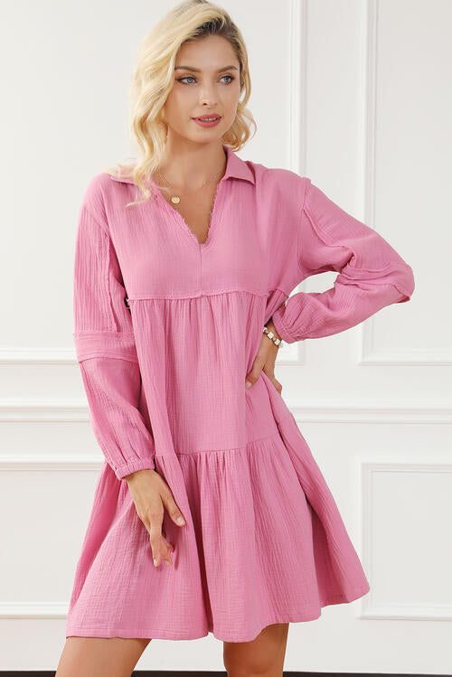 Raw Hem Collared Neck Tiered Dress - Carnation Pink / S - All Dresses - Dresses - 1 - 2024