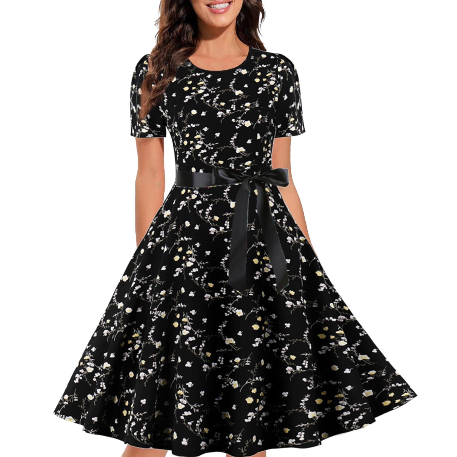 Retro Chic Vintage Print Dress - Charcoal / M - All Dresses - Dresses - 13 - 2024