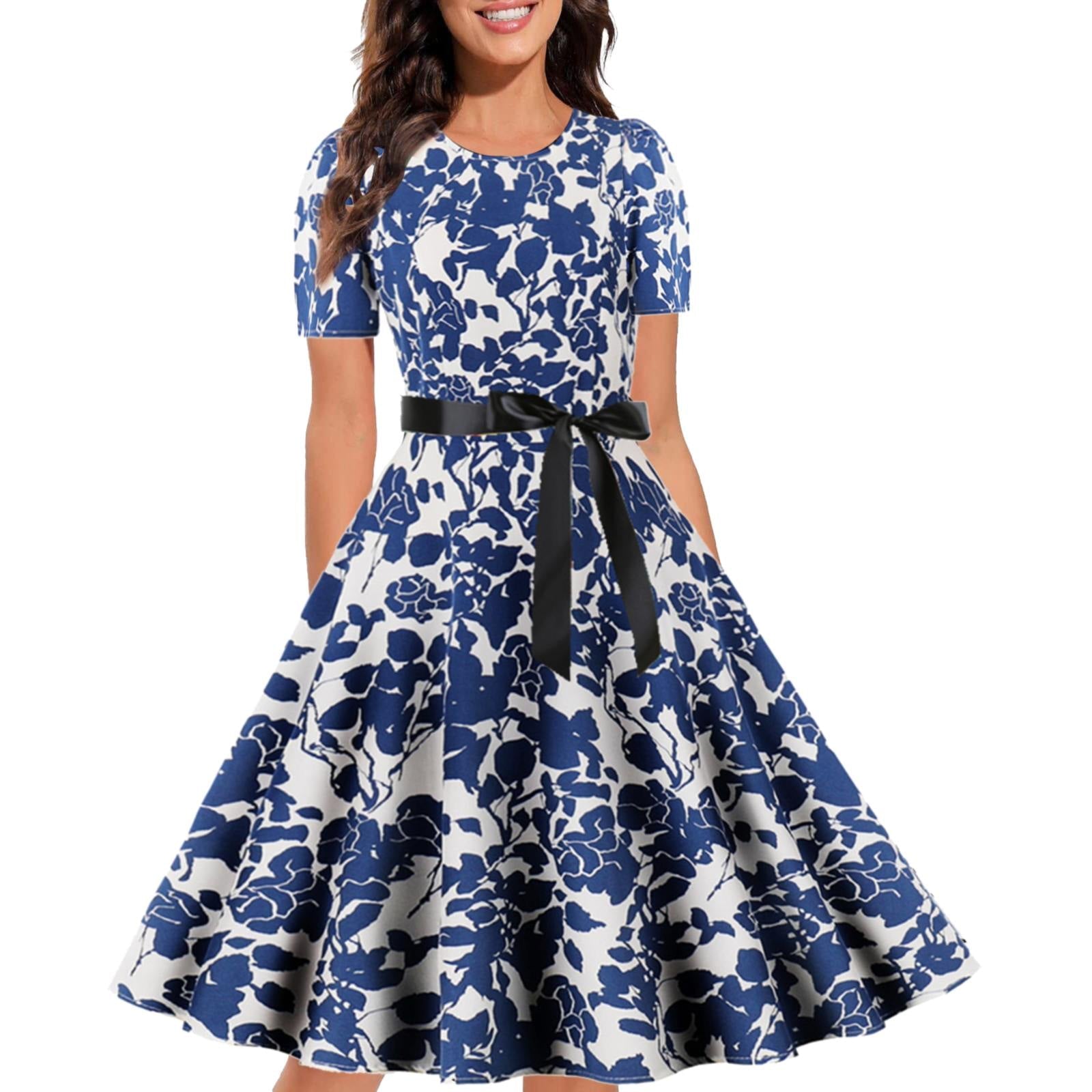 Retro Chic Vintage Print Dress - Pigeon blue / M - All Dresses - Dresses - 16 - 2024