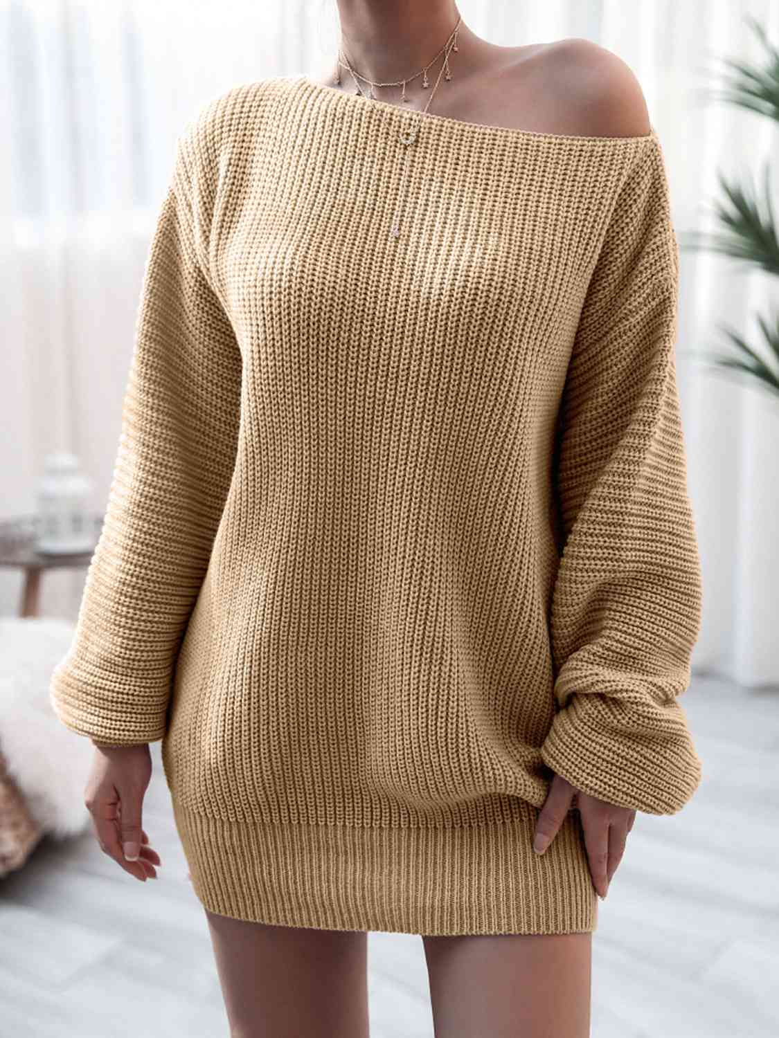 Rib-Knit Mini Sweater Dress - Khaki / S - All Dresses - Dresses - 7 - 2024