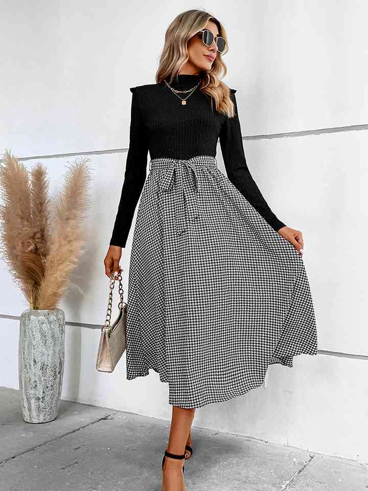 Ribbed Round Neck Long Sleeve Tie Waist Midi Dress - All Dresses - Dresses - 3 - 2024