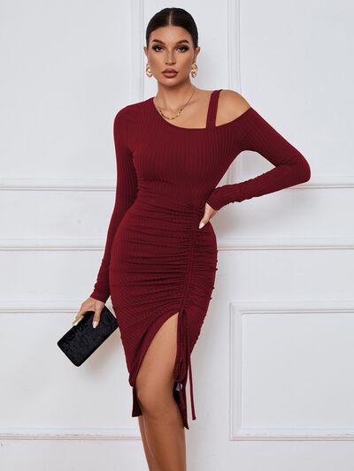 Ribbed Ruched Drawstring Wrap Dress - Wine / S - All Dresses - Dresses - 10 - 2024