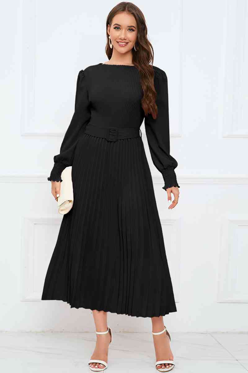 Round Neck Flounce Sleeve Pleated Dress - Black / S - All Dresses - Dresses - 4 - 2024