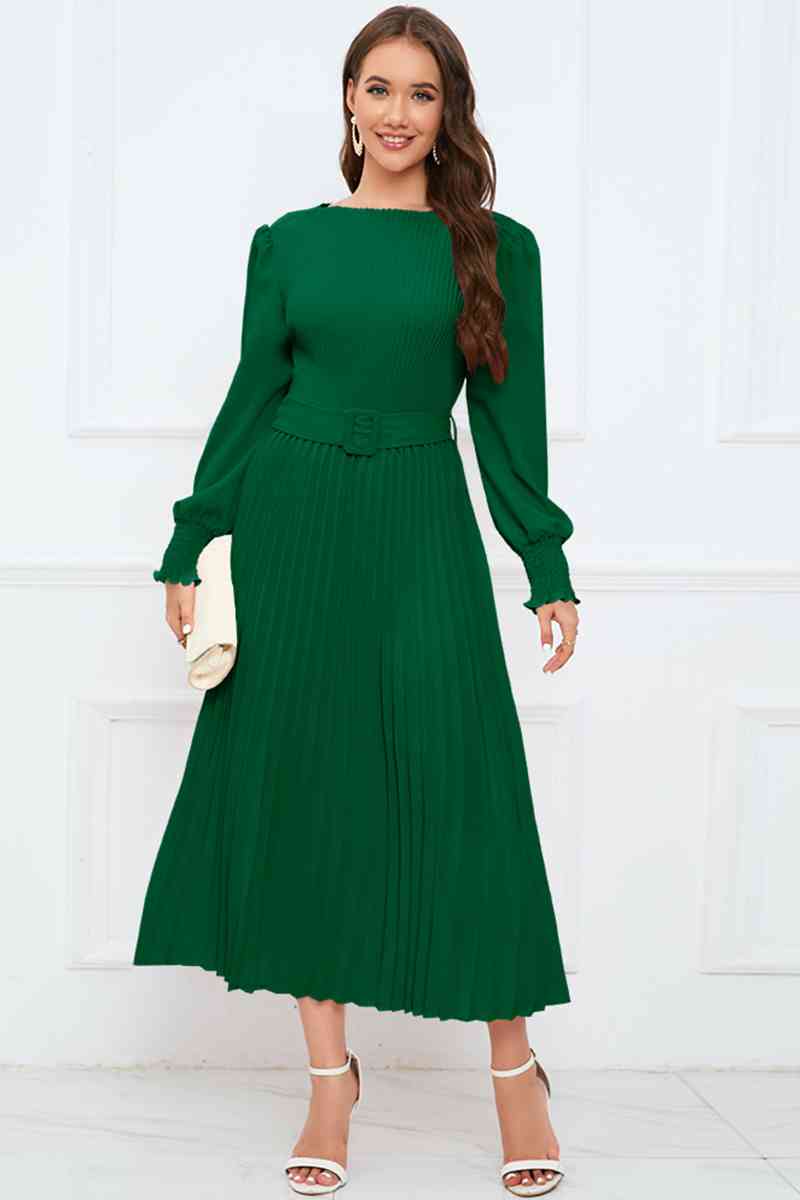 Round Neck Flounce Sleeve Pleated Dress - Green / S - All Dresses - Dresses - 10 - 2024